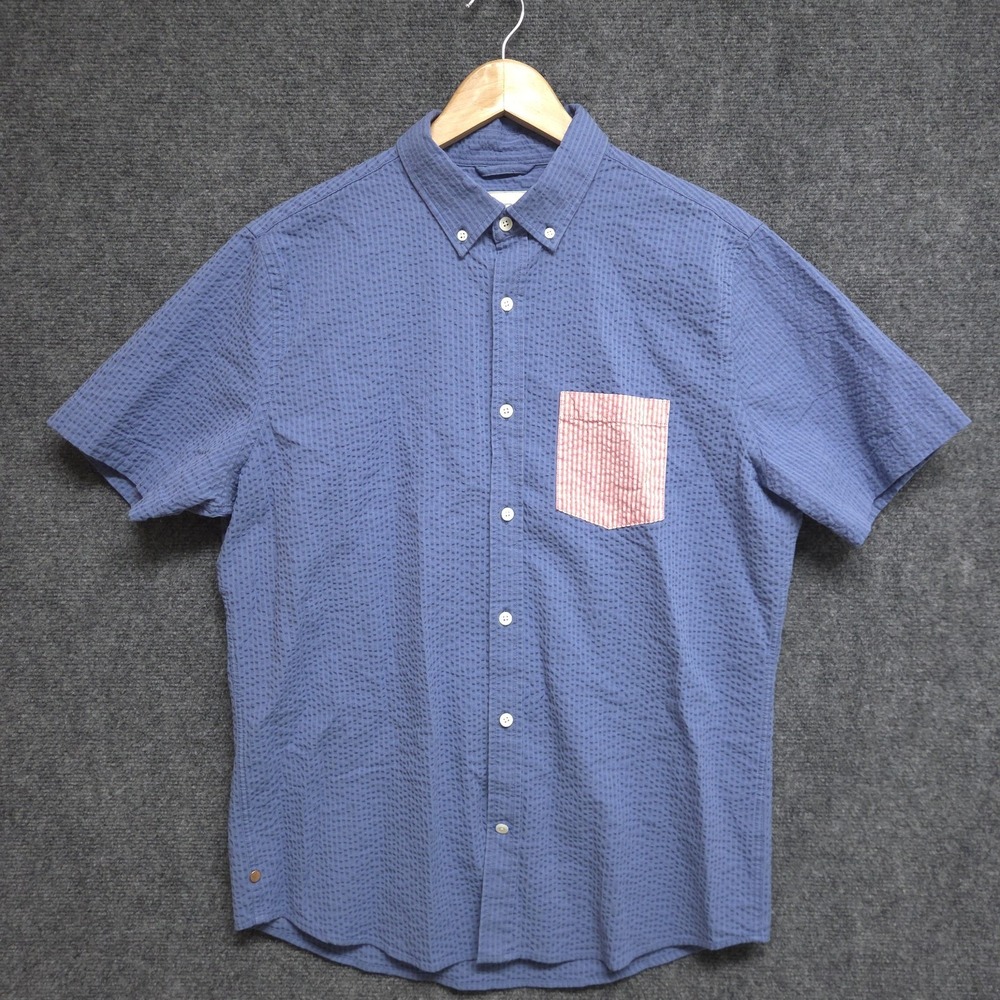 Mugsy Shirt Mens Medium Blue Seersucker Old Glorys Short Sleeve Button Up Preppy